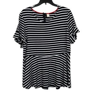 Chico’s Women’s Sz 2(L) Black/White Stripe Flutter Detail Short Sleeve Top NWT